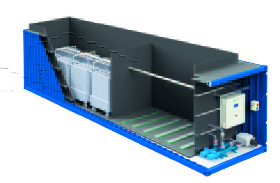 Model of a blue container system with a view inside, where you can see the technical room and the activated sludge basin