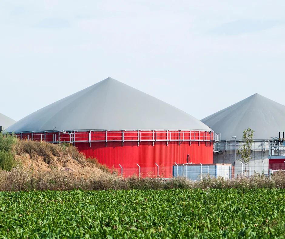 Biogasanlage im Hintergrund, Vorne ein Feld